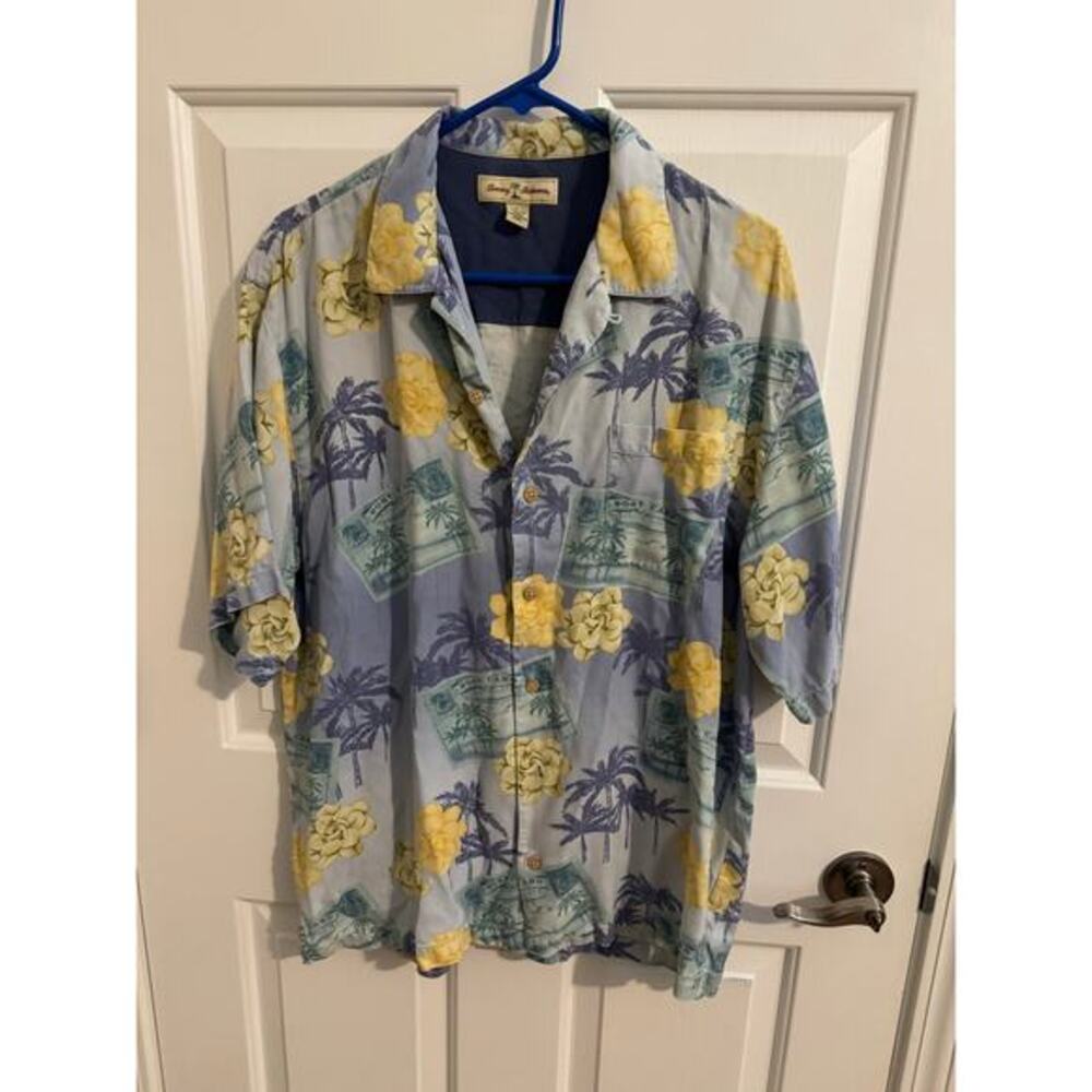 Tommy Bahama 100% Silk Blue Hawaiian Postcard Vacation Button Down Shirt L